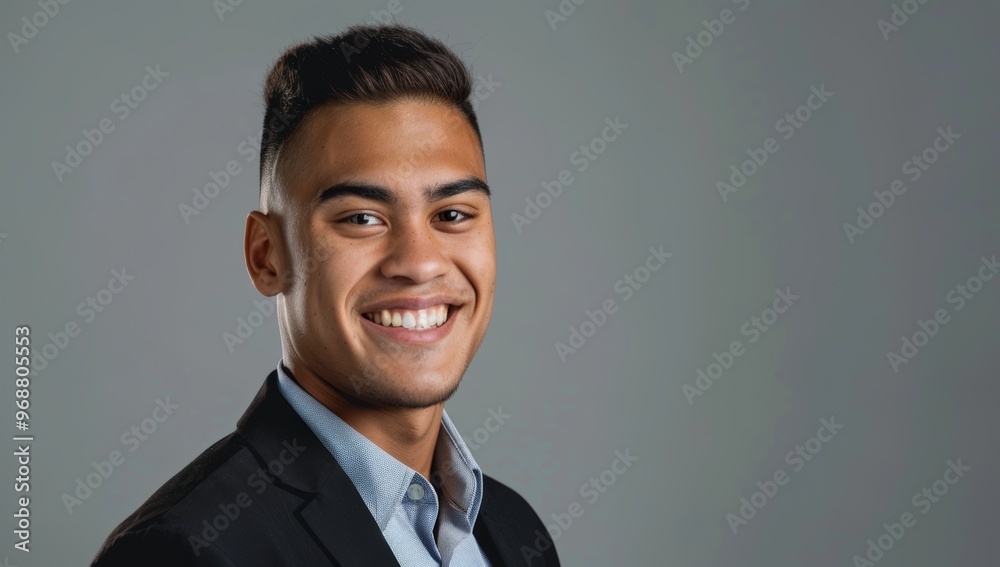 Attractive, smiling young Maori man with short hair in business attire, looking at the camera against a gray background. Attractive, smiling young Maori man with short hair in business attire, looking at the camera against a gray background.