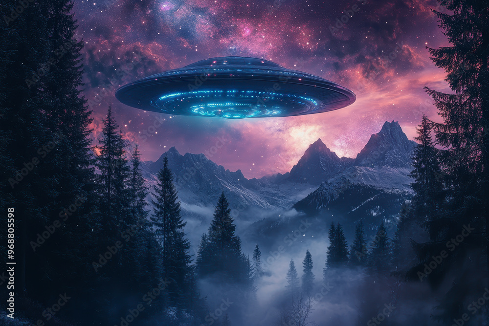 UFO over misty forest, starry sky, nebula, and mountains create a cosmic, mysterious atmosphere UFO over misty forest, starry sky, nebula, and mountains create a cosmic, mysterious atmosphere