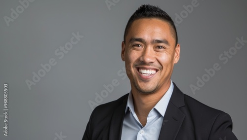 Attractive, smiling young Maori man with short hair in business attire, looking at the camera against a gray background.