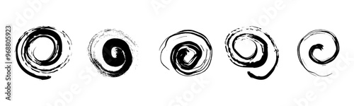 Spiral abstract circle, swirl brush stroke hypnosis psychedelic shape, geometric textured form. Concetric grunge irregular free hand doodle meander.