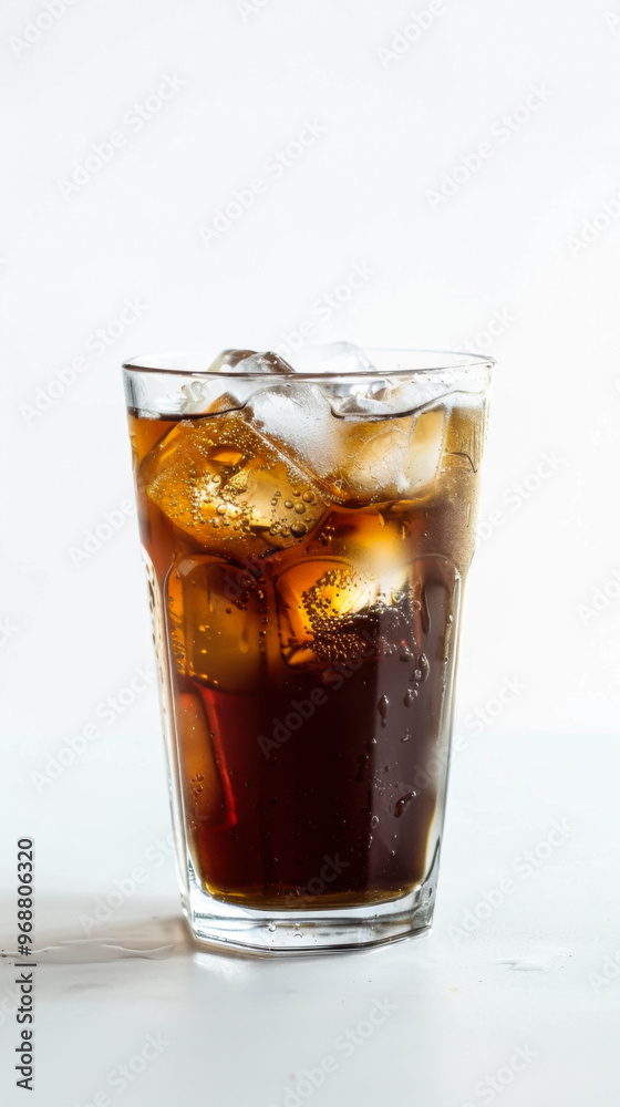 Refreshing iced drink in a glass with ice cubes and a black straw on a sunlit table Refreshing iced drink in a glass with ice cubes and a black straw on a sunlit table