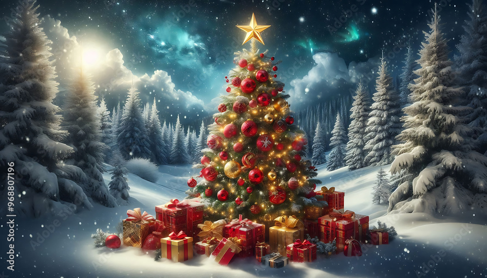 A beautifully decorated christmas tree adorned with red and gold ornaments and topped with a bright star stands in a snowy landscape A beautifully decorated christmas tree adorned with red and gold ornaments and topped with a bright star stands in a snowy landscape