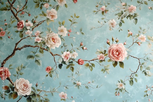 Vintage Chinoiserie Wallpaper with Roses and Blossoms on Branches – Floral Pattern Design in Pastel Colors with Detailed Petals and Leaves