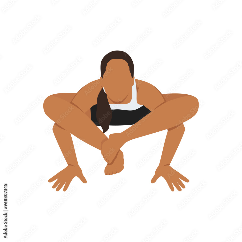 Young woman doing Reverse Table Top Pose Legs In Figure Four or Ardha Purvottanasana Pada Ardha Utkatasana. Flat vector illustration isolated on white background