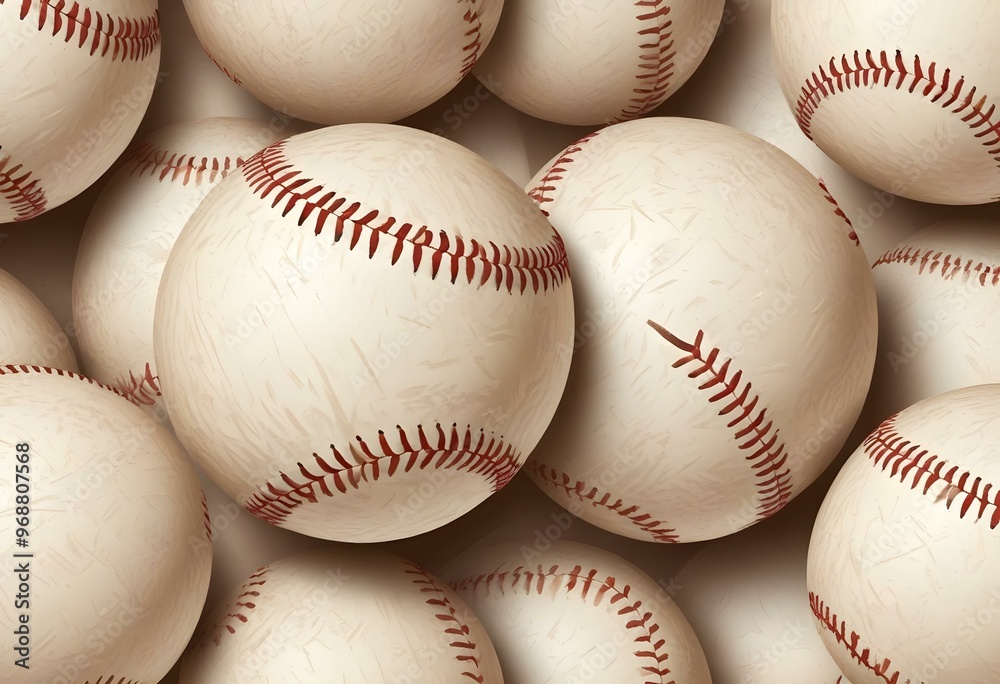 A baseball with red stitching and white stripes and with backgrounds