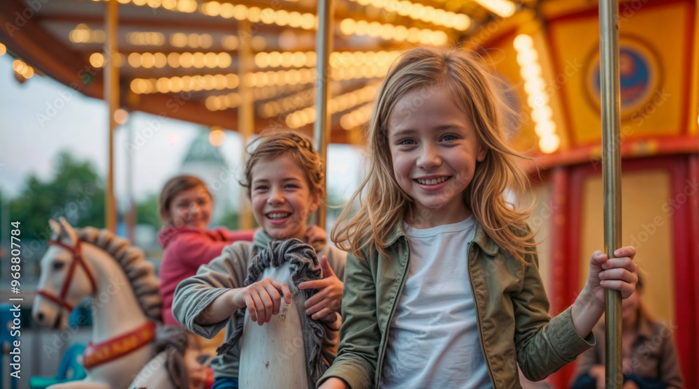 Joyful children enjoying carousel ride at amusement park, smiling blonde girl in foreground, two boys on horse behind, festive lights and atmosphere Joyful children enjoying carousel ride at amusement park, smiling blonde girl in foreground, two boys on horse behind, festive lights and atmosphere