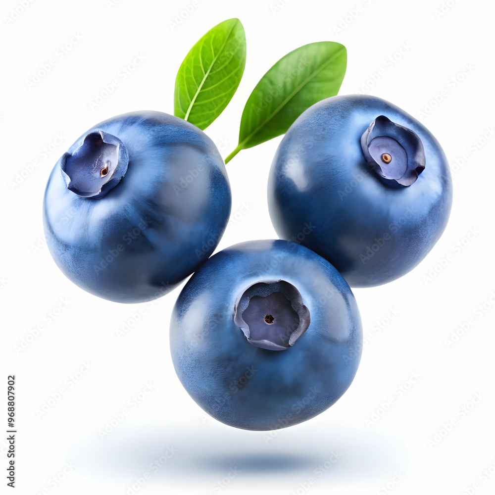 Fototapeta premium 3 flying blue berries on white background