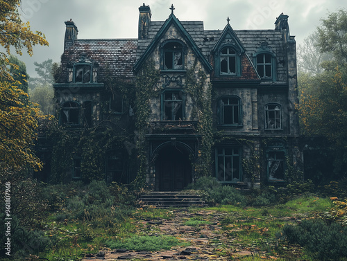 Old abandoned house. Creepy haunted mansion with broken windows and overgrown vines photo