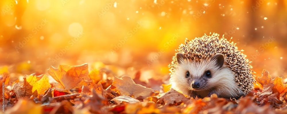 Cute Hedgehog in Autumn Leaves with Golden Sunlight Cute Hedgehog in Autumn Leaves with Golden Sunlight