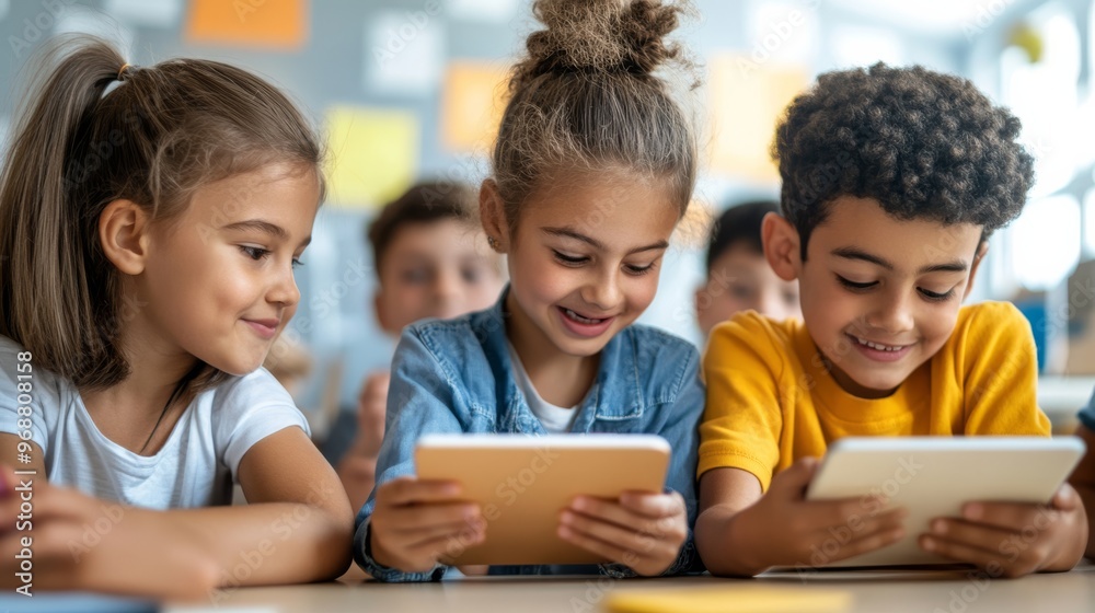 Kids using digital learning platforms, bright and playful educational content, children smiling and fully engaged. e-leaning concept. Kids using digital learning platforms, bright and playful educational content, children smiling and fully engaged. e-leaning concept.