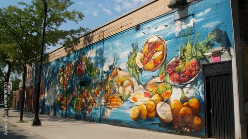 A graffiti-covered wall with a mural depicting a fusion food scene