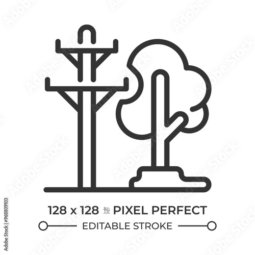 Power lines and treeslinear icon. Electrical safety. Vegetation management. Utility pole. Urban planning. Thin line illustration. Contour symbol. Vector outline drawing. Editable stroke