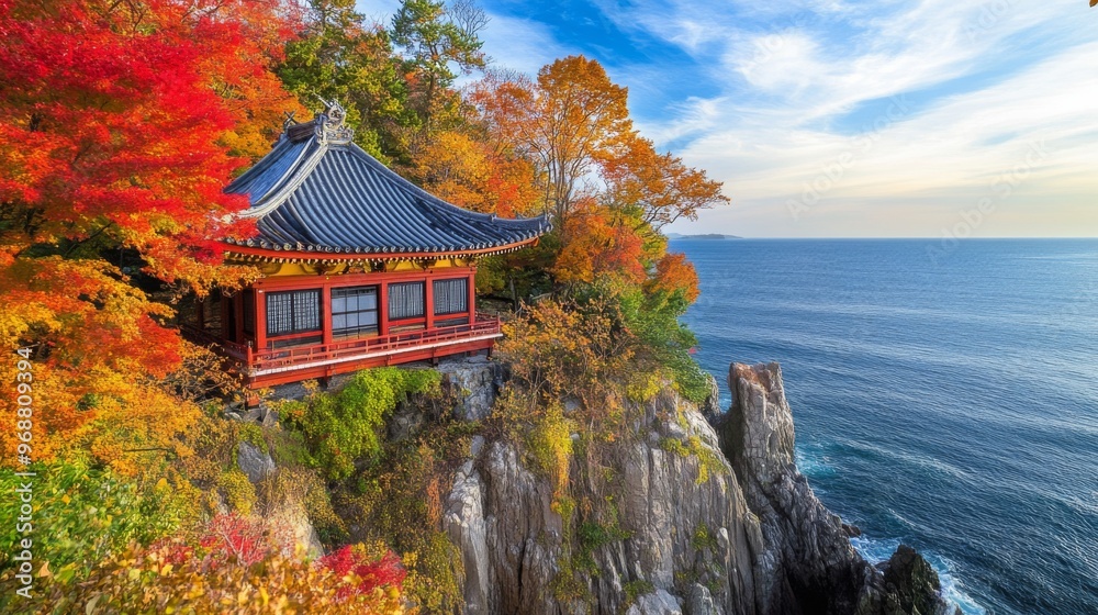 Japanese Pagoda Perched on a Cliff Overlooking the Ocean with Autumn Foliage Japanese Pagoda Perched on a Cliff Overlooking the Ocean with Autumn Foliage