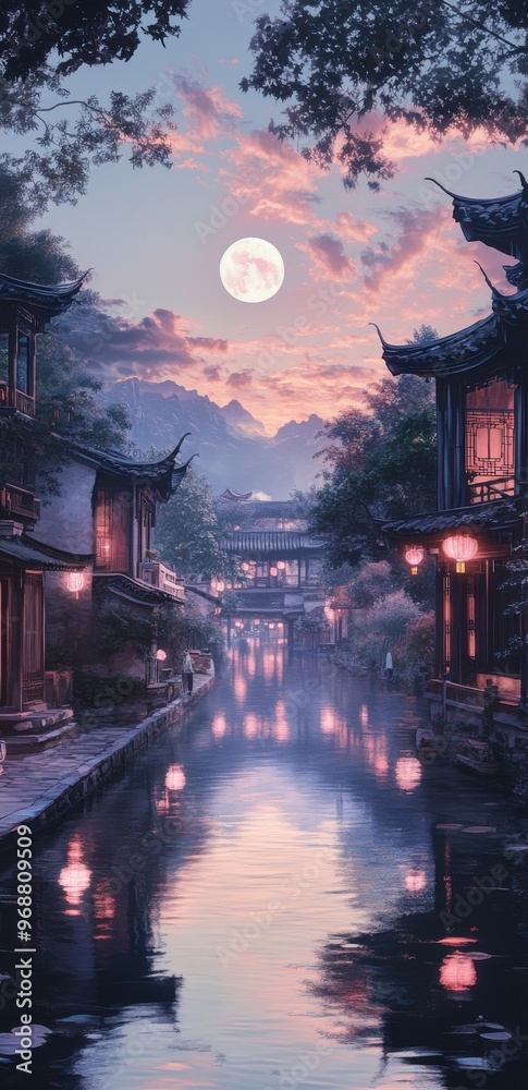 Obraz premium Serene moonlit river reflecting traditional Asian architecture in tranquil village with mountains