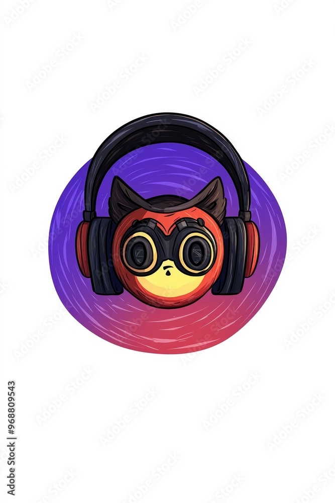 Fototapeta premium Cute Cartoon Cat Wearing Headphones on a Colorful Background