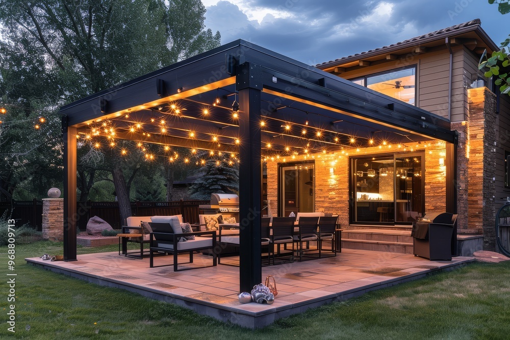 Modern black aluminum patio cover at a suburban home in Colorado. Featuring chairs, string lights, and sunset lighting in a wide-angle shot. Modern black aluminum patio cover at a suburban home in Colorado. Featuring chairs, string lights, and sunset lighting in a wide-angle shot.