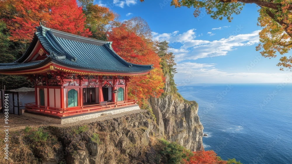 Japanese Shrine Perched on a Cliff Overlooking the Ocean