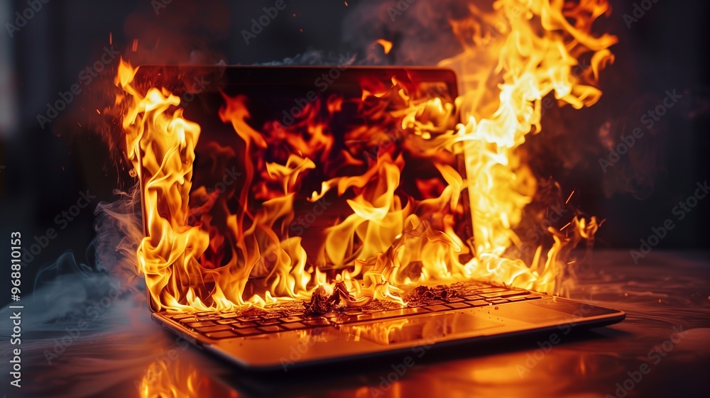 Obraz premium Laptop on fire, symbolizing burning deadlines, work pressure, and burnout. The scene represents the stress and urgency of meeting deadlines in a high-pressure work environment.