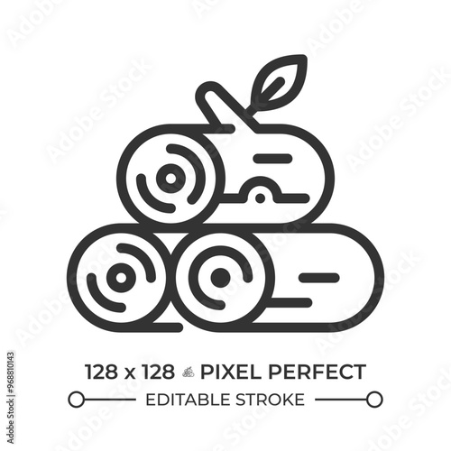 Logging linear icon. Tree cutting. Timber wood. Forest management. Wood harvest, processing and production. Thin line illustration. Contour symbol. Vector outline drawing. Editable stroke