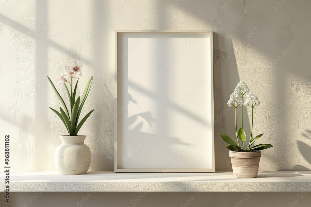 Empty blank poster frame mockup on a neutral beige shelf. Simple, minimalistic design with window reflection, flower pot with hyacinth, and high-resolution architectural interior. Empty blank poster frame mockup on a neutral beige shelf. Simple, minimalistic design with window reflection, flower pot with hyacinth, and high-resolution architectural interior.