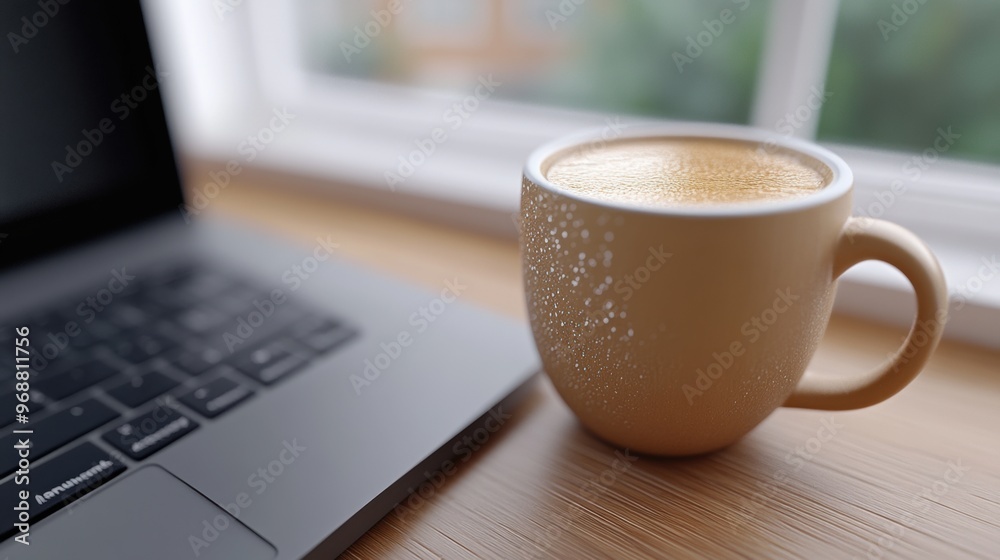A cup of coffee is sitting on a table next to an open laptop, AI A cup of coffee is sitting on a table next to an open laptop, AI