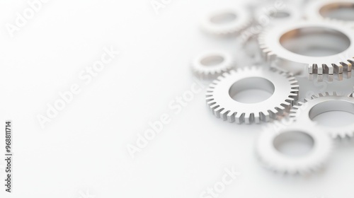 Shiny metal gears of varying sizes arranged on a pristine white backdrop, showcasing intricate details and a minimalist aesthetic, emphasizing simplicity and elegance.