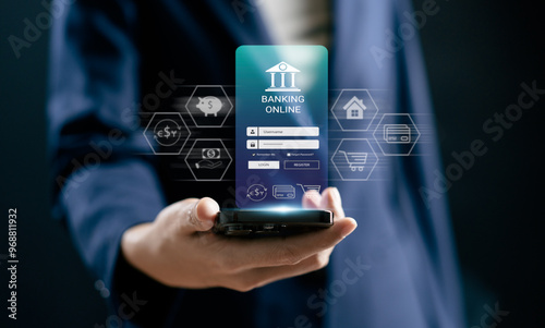 Businesswomen use smartphone connecting online Banking applications, E-Banking, smart fintech service, exchange currency, Finance innovation technology online, cyber security financial and investment.