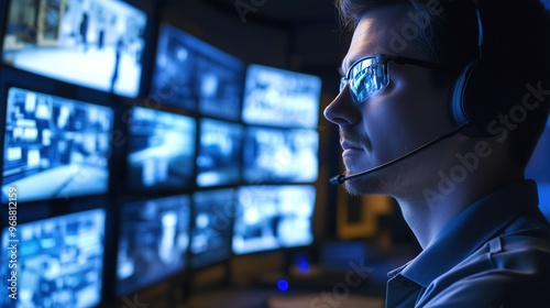 Guard monitoring security feeds in control room at night