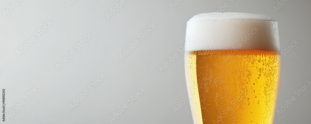 Tall clear glass of golden pilsner with frothy head on a minimalist backdrop, capturing the essence of refreshing lager beer Tall clear glass of golden pilsner with frothy head on a minimalist backdrop, capturing the essence of refreshing lager beer