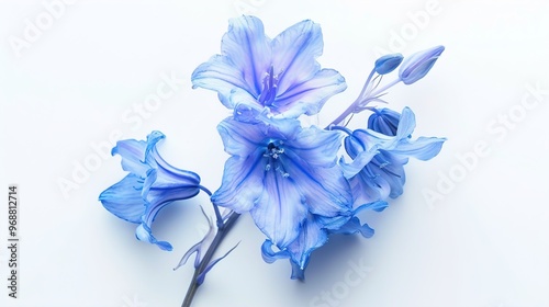 A realistic depiction of a bluebell flower with intricate details on a white background.