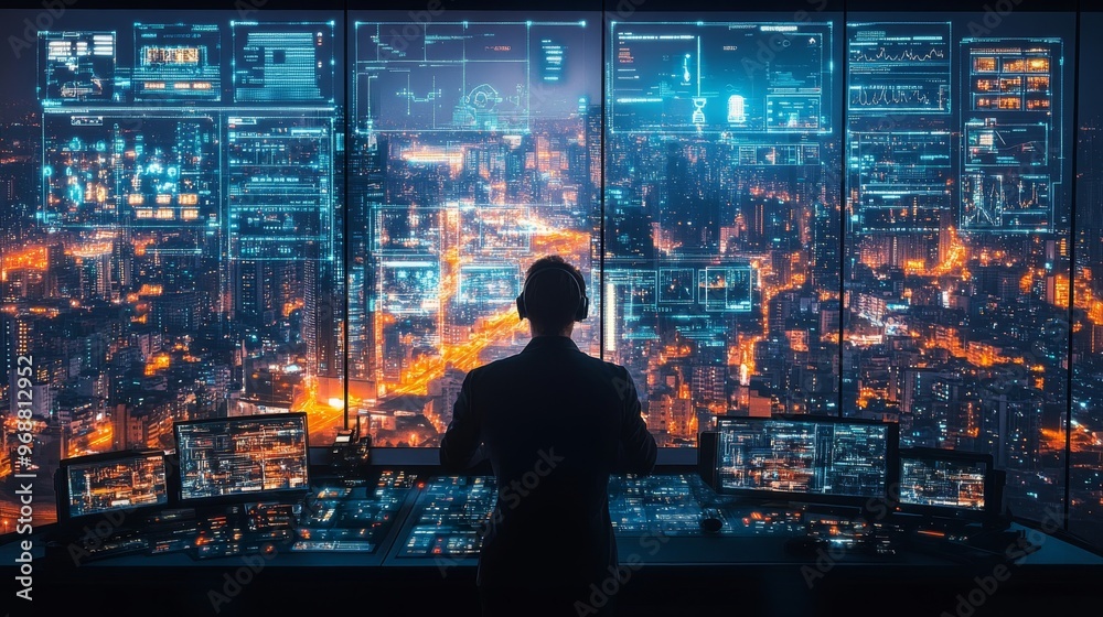 AI-powered real-time emergency response systems in smart cities: A futuristic control room managing disaster response through AI and drones. AI-powered real-time emergency response systems in smart cities: A futuristic control room managing disaster response through AI and drones.