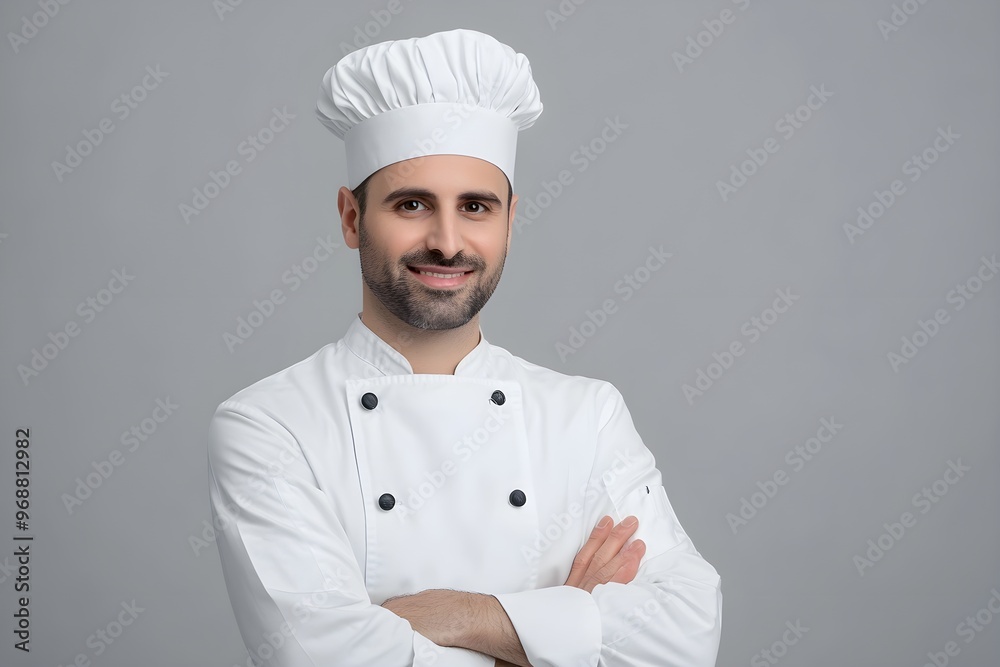 Smiling male chef in white uniform and toque, portrait with grey background
