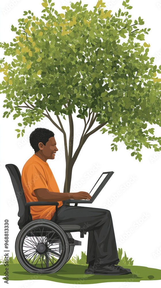 A man in a wheelchair is sitting under a tree and using a laptop. Concept of relaxation and leisure, as the man is enjoying his time outdoors while working on his laptop