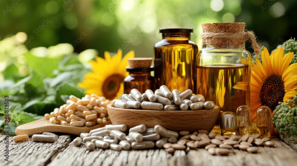 A table with a variety of supplements and vitamins, including a jar of sunflower seeds. The table is surrounded by plants and flowers, creating a natural and healthy atmosphere A table with a variety of supplements and vitamins, including a jar of sunflower seeds. The table is surrounded by plants and flowers, creating a natural and healthy atmosphere