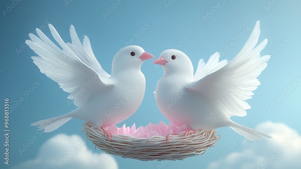 Two elegant white doves in a nest, symbolizing love, peace, and harmony against a serene blue sky background. Two elegant white doves in a nest, symbolizing love, peace, and harmony against a serene blue sky background.