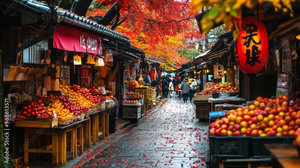 Obraz premium Fruit Stand in a Japanese Alleyway with Autumn Leaves