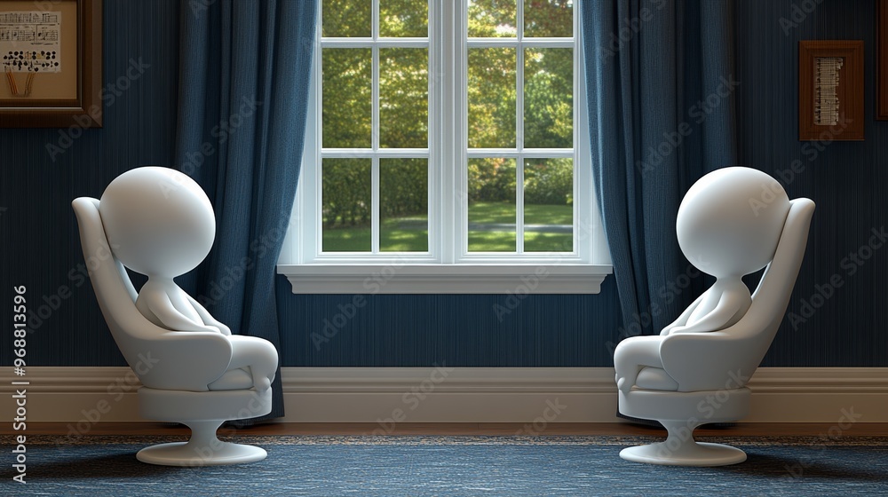 Two humanoid figures sit in modern chairs, engaging in a calm conversation, with a bright window offering a view of nature. Two humanoid figures sit in modern chairs, engaging in a calm conversation, with a bright window offering a view of nature.