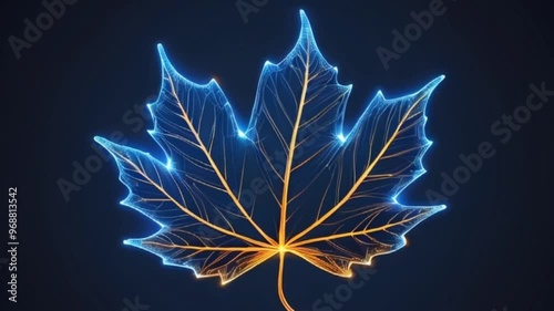 Abstract glowing autumn leaf in blue gold color, motion