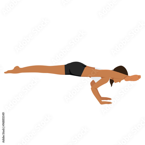 Young woman doing Twisted One Legged Arm Balance Pose II, Flying Splits Pose, Hurdlers Pose or Eka Pada Koundinyasana II. Flat vector illustration isolated on white background