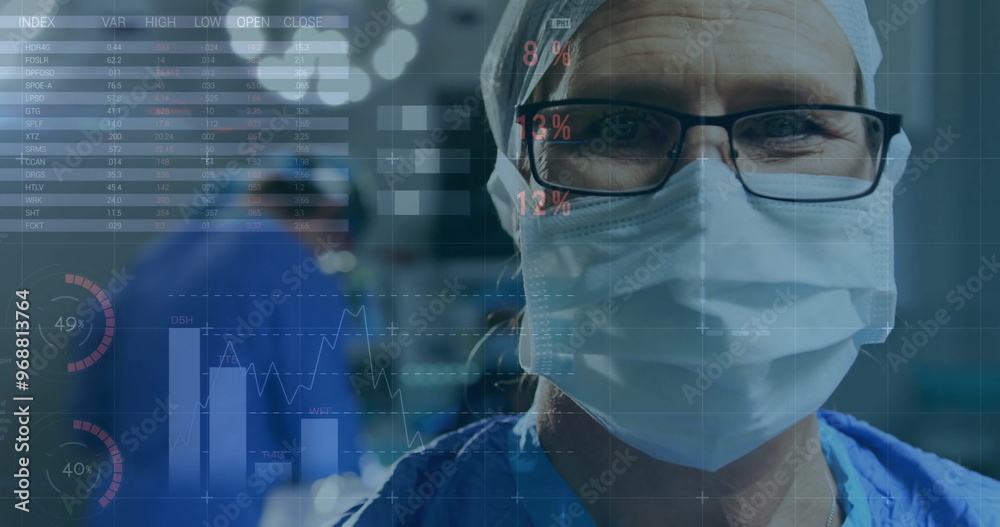 Image of statistics and data processing over caucasian male surgeon Image of statistics and data processing over caucasian male surgeon