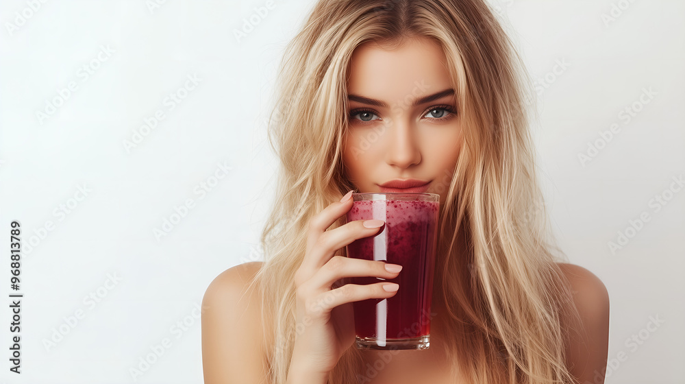 Beautiful blonde woman drinking healthy berry juice on white background. Beautiful blonde woman drinking healthy berry juice on white background.