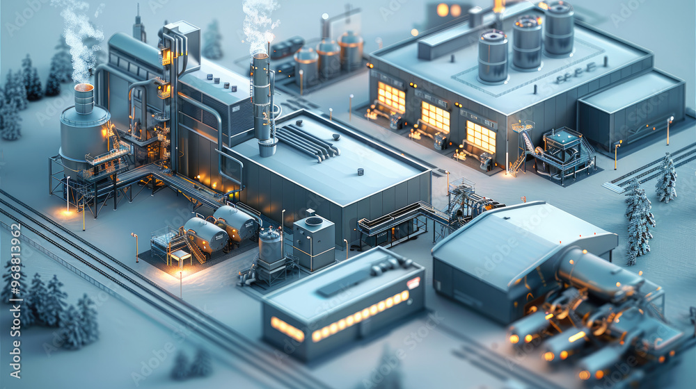A production lines in the production workshop, equipment production lines, etc., and the production line is in a house. surrounded by other elements. city buildings, isometric, 3D rendering. A production lines in the production workshop, equipment production lines, etc., and the production line is in a house. surrounded by other elements. city buildings, isometric, 3D rendering.