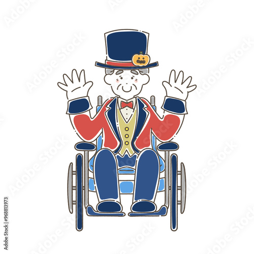 ハロウィンの仮装をする車いすのシニア男性のゆるいイラスト
