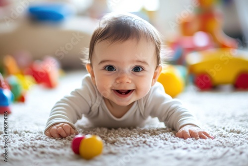 A baby crawling on a soft rug, surrounded by colorful toys, with an innocent smile lighting up their face 
