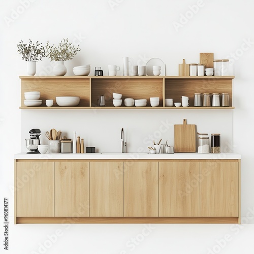 Modern kitchen design featuring wooden cabinetry and open shelving with kitchenware.