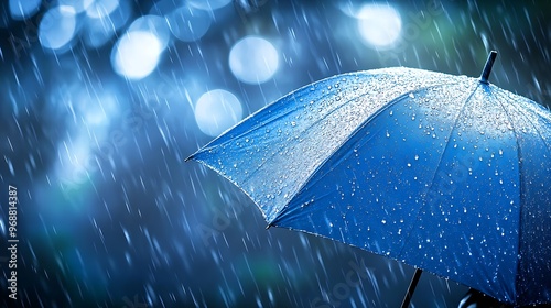 Rainy day with blue umbrella and bokeh effect, close-up with dark background