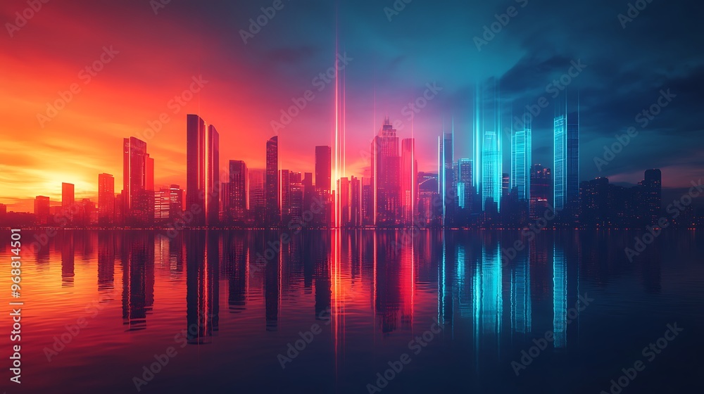 Cityscape with Neon Lights Reflecting in Water Cityscape with Neon Lights Reflecting in Water