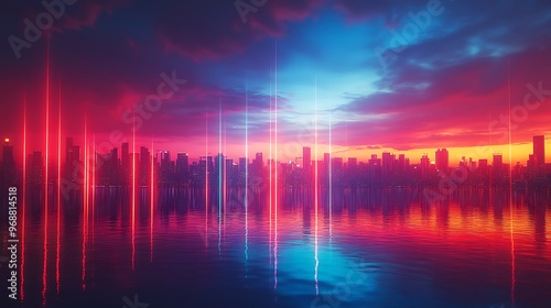 Cityscape with Neon Lights Reflecting on Water at Sunset