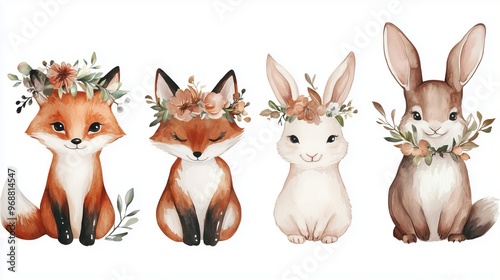 clip art whimsical watercolor forest animals like foxes, and rabbits with floral crowns, perfect for children's book illustrations or nursery decor