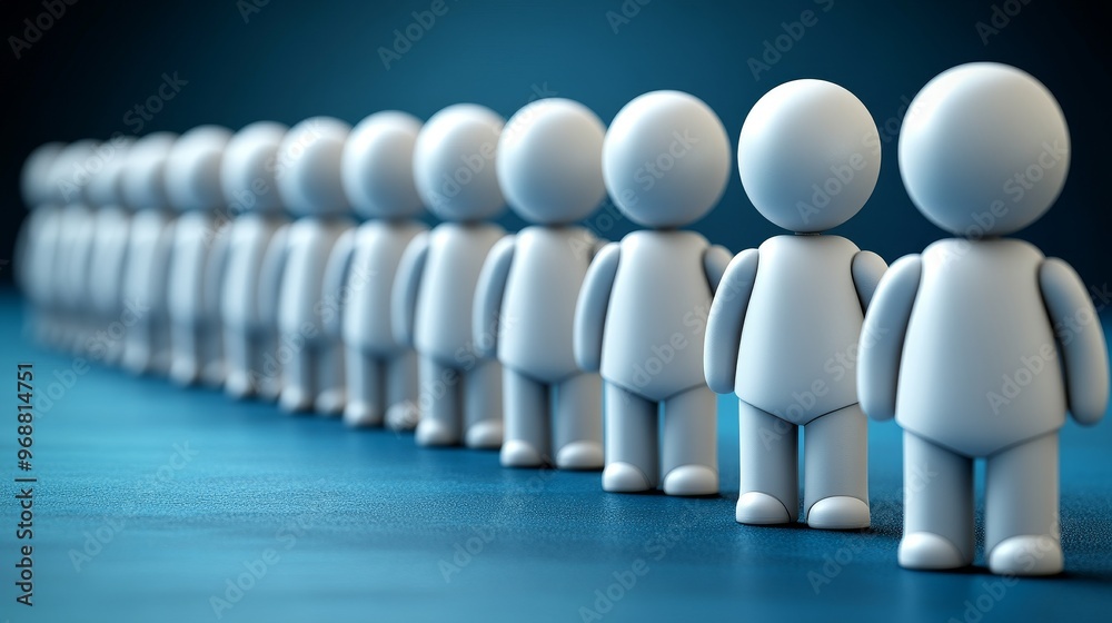 A row of minimalistic human figures in a blue environment, representing unity and diversity, perfect for modern design themes. A row of minimalistic human figures in a blue environment, representing unity and diversity, perfect for modern design themes.